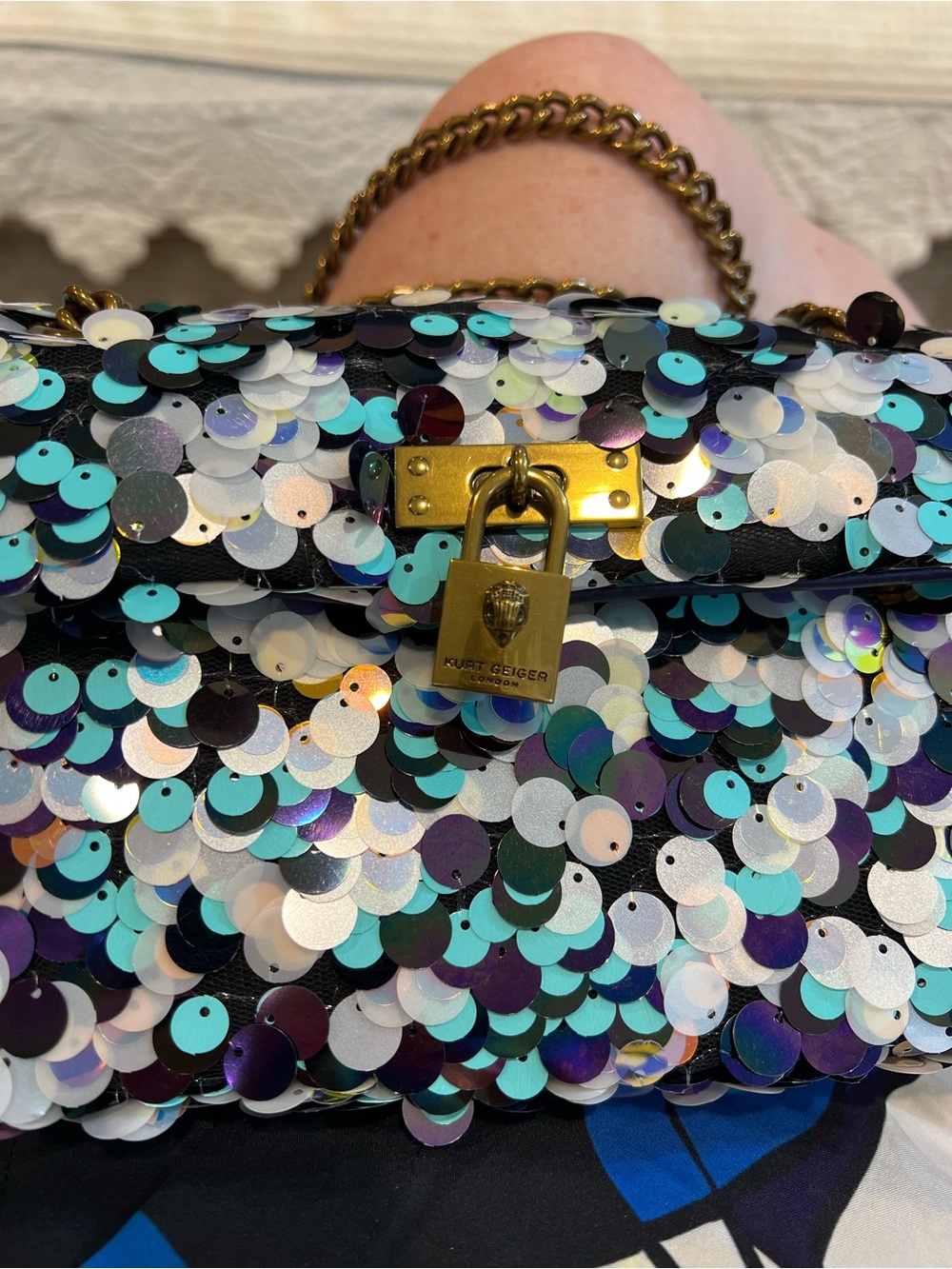 Kurt Geiger Iridescent Multicolor Sequin Shoulder Bag with Gold Chain